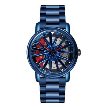 Imagem de Relógio de pulso masculino criativo 3D giratório com roda de carro, design de cubo de aro, moderno, quartzo, elegante, com pulseira de aço inoxidável, presentes para entusiastas de carros, Azul