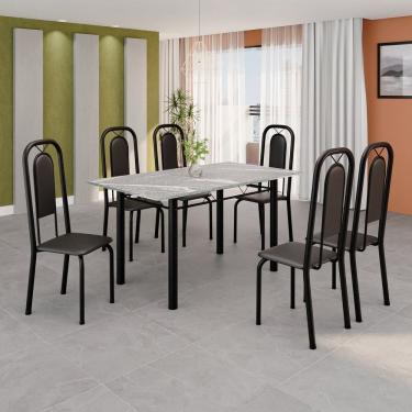 Imagem de Conjunto de Mesa Tubular 140cm X 75cm Tampo Granito Topázio com 6 Cadeiras Lara Preto Liso