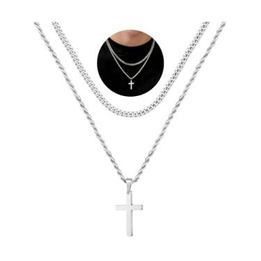 Imagem de Colar de cruz para homens, colar de cruz de aço inoxidável masculino de prata e ouro preto colar com pingente de cruz simples presentes colar de corrente de cruz para homens e meninos, Aço inoxidável, Sem Pedra Preciosa