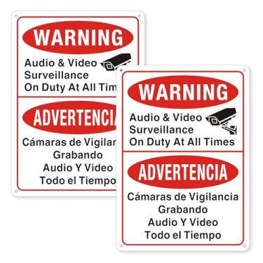 Imagem de (Pacote com 2) placas de vigilância por vídeo, placa bilíngue para câmera de serviço em todos os momentos, sinal bilíngue de vigilância em inglês espanhol por câmeras de vídeo - à prova de intempéries
