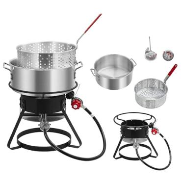 Imagem de dainslef Frigideira de peixe ao ar livre 11QT com cesta de filtro de 6,7 QT, panela de fritadeira de propano de alumínio de 58.000 BTU para frutos do mar e batatas fritas, acampamento portátil/cozinha