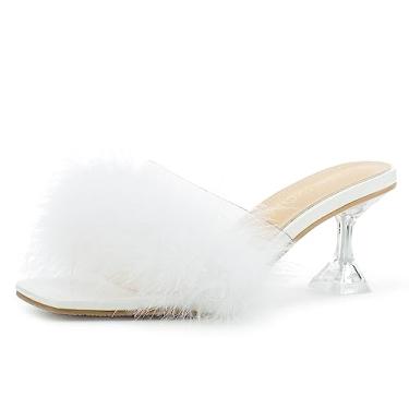 Imagem de Heiyom Sandálias Femininas De Salto Alto Com Bico Quadrado E Agulha, Mules, Penas Fofas, Transparentes, Para Casamento, Festa, Branco, 45, Eua 12