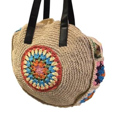 Imagem de Bolsa Artesanal de Crochê Redonda, 41 x 41 x 12 cm, Palha Natural com Detalhes Coloridos, Alças Pretas