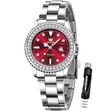 Imagem de OLEVS Relógio feminino analógico de quartzo com vestido de diamante, aço inoxidável, dois tons, à prova d'água, luminoso, data, para presente, relógio vermelho feminino, relógio feminino