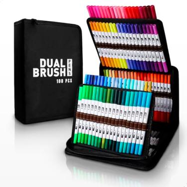 Imagem de Kit 100 Canetas Coloridas Ponta Dupla Brush Pen + Fina Ideal para Desenho Lettering Bullet Journal Escolar Marcador Estojo Com Ziper Organizador Pasta