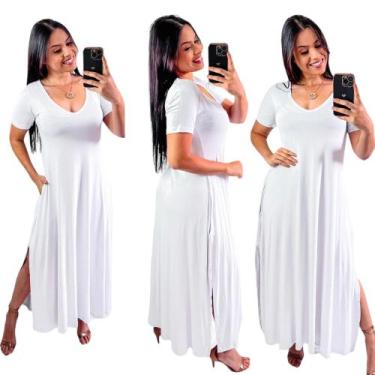 Imagem de Vestido longo gola v com fenda lateral - Neide modas, Branco, m 40/42