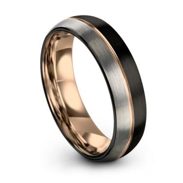 Imagem de Midnight Rose Collection Aliança de casamento de tungstênio 10 mm 8 mm 6 mm 4 mm para homens mulheres 18 k ouro rosa 18k cúpula preta cinza escovado polido, Metal, Sem pedra preciosa