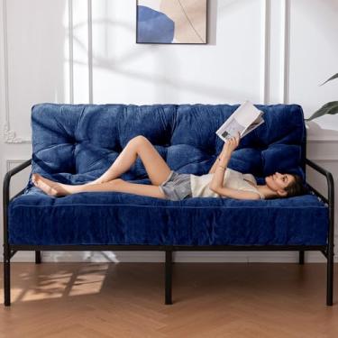 Imagem de YOSHOOT Colchão futon de 20 cm, tamanho casal, sofá futons espesso, colchão de chão de tecido de chenille para adultos, enchimento de espuma desfiada, médio firme (moldura não incluída), azul, 137 x