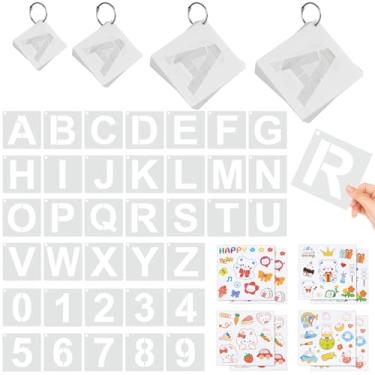 Imagem de 152 peças de estênceis de letras e números com adesivos fofos, kit de modelos de alfabeto de plástico reutilizáveis, 4 tamanhos, para pintura em madeira, vidro, parede, tecido, placas, portas