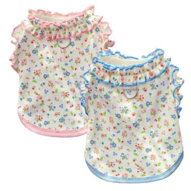 Imagem de Anelekor Pacote com 2 camisetas florais para cães com anel D com babados, roupas para cães pequenos, meninos, leves, sem mangas, para animais de estimação, primavera verão e gatos (rosa bule, GG)