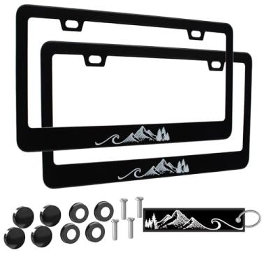 Imagem de 2 peças Ocean Wave Mountains Moldura de placa de licença para mulheres, molduras decorativas de carro com ondas do oceano engraçadas femininas, suporte de capa de placa de licença floresta para