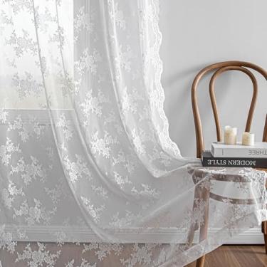 Imagem de MEETSKY Cortinas de renda 84 polegadas de comprimento, cortinas brancas transparentes para sala de estar quarto aba traseira vintage cortina vitoriana francesa elegante com bolso para varão cortinas