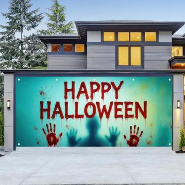Imagem de HOMETITUTE Capa grande para porta de garagem de Halloween, 4 x 1,8 m, estampa de mão assustadora, estampa sangrenta, pôster sombrio para decorações externas, tema de terror, cenário assustador para