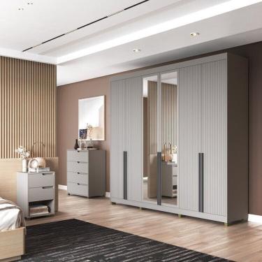 Imagem de Quarto Casal Com Guarda-roupa 6 Portas, Cômoda E 2 Mesas De Cabeceira Newton Cinza