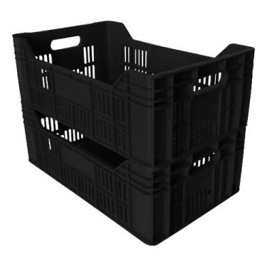 Imagem de 4 Caixa Mercado Plástica Vazada Agrícola Reforçada Empilhável Organizador Frutas Verduras (Preto)