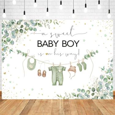 Imagem de Withu Greenery Pano de fundo de chá de bebê para meninos, roupas aquarela, folhas de eucalipto, douradas, verde, decoração de bolo, bandeira, é um fundo fotográfico de festa de menino, 2,1 x 1,5 m