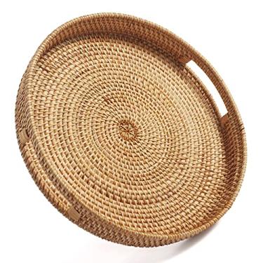 Imagem de Bandeja de mesa de café redonda otomana de ratã com alças para decoração de casa e cozinha natural (grande 35,5 x 7 cm)