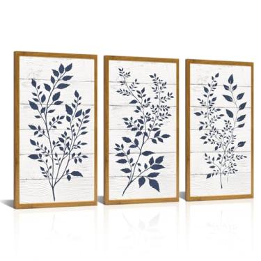 Imagem de WELMECO Decoração de folha azul arte de parede botânica imagem de folhas azuis minimalista quarto banheiro sala de estar, emoldurado 20 x 40 cm x 3 peças (moldura marrom)