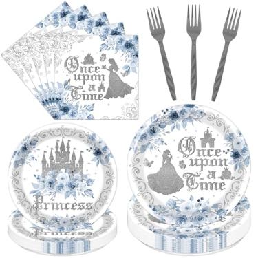 Imagem de Aposwow Once Upon a Princess Time Birthday Decorations, 96PCS Blue Princess Party Decorations Tableware Set, Castle and Flower Disposable Dinnerware for Girls Birthday Serve 24