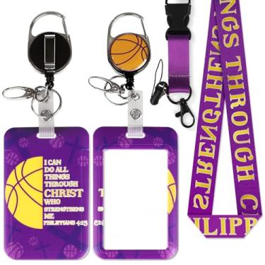Imagem de Cordão de crachá de basquete roxo e dourado com "I Can Do All Things Through Christ", clipe retrátil para carretel e crachá de identificação destacável para funcionários de escritório, professores