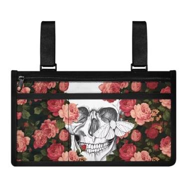 Imagem de Bivxisrvo Bolsa de acessórios para cadeira de rodas elétrica Skull Rose Bolsa organizadora lateral leve bolsa de armazenamento bolsa de apoio de braço bolsa de transporte dobrável para cadeira de