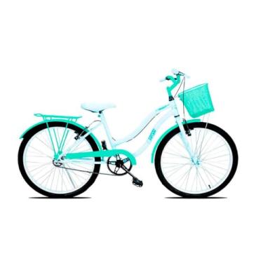 Imagem de Bicicleta Infantil Forss Hello, Aro 24, Com Cestinha e Bagageiro, Para 9 a 12 Anos (Branco/Azul Turquesa)