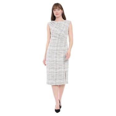 Imagem de London Times Vestido midi de tweed texturizado, sem mangas, com estampa quadriculada e fenda lateral, Preto/Marfim/Cinza, 44