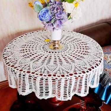 Imagem de golo Toalha de mesa de renda de crochê feita à mão de algodão com sobreposição branca, redonda, 31 polegadas, 80 cm