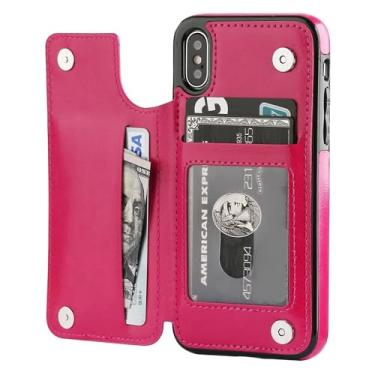 Imagem de S-Tech Capa para iPhone 7 Plus/iPhone 8 Plus (5,5 polegadas), capa carteira com suporte de couro para cartão, fecho magnético duplo e capa durável à prova de choque para Apple (rosa vermelho)