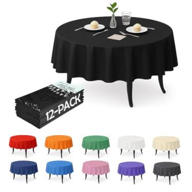 Imagem de Craft And Party Pacote com 12 toalhas de mesa pretas de plástico – Capas de mesa redondas descartáveis de 213 cm, resistentes e à prova d'água para festas, eventos, banquetes, pretas