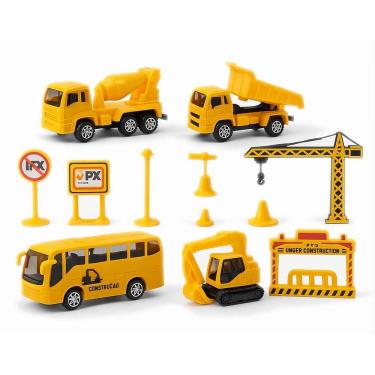 Imagem de Kit Carrinhos Trucks de Construção Fricção Com Acessórios de Trânsito Placas Cones Posto Kit 15 Pçs