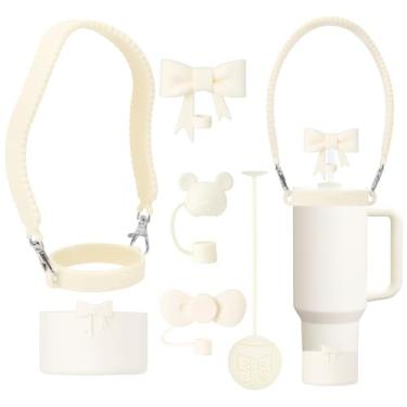 Imagem de SEEZIZI Conjunto de acessórios de laço de silicone Stanley Cup, incluindo alça de alça de garrafa de água, capas de palha fofas reutilizáveis e botas, coador de chá, compatível com Stanley 1,134 g e