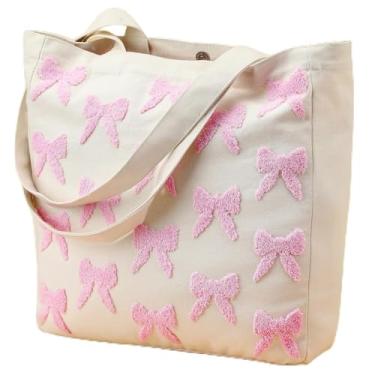 Imagem de Aliceset Bolsa feminina com bordado estético, floral, reutilizável, bolsa de ombro fofa para compras na academia, rosa, Bow