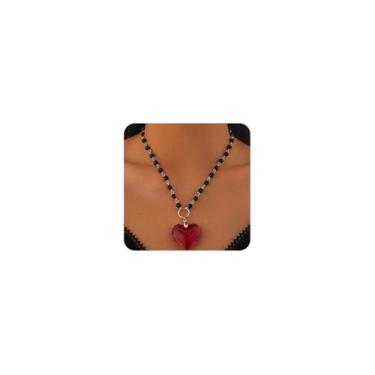 Imagem de wekicici Colar grosso de coração vermelho gótico, corrente de cristal preto, gótico, gótico, grande, pingente de coração, Y2K, acessórios de joias para mulheres