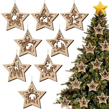 Imagem de BBTO 16 peças de enfeites de presépio religiosos de Natal para pendurar em madeira 3D, decorações de Natal cristãs do nascimento de Jesus para árvore de Natal (estrelas)