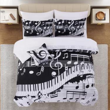 Imagem de Holawakaka Conjunto de edredom solteiro com notas musicais para meninos e meninas, microfibra ultramacia, preto e branco, com estampa de teclado de piano em uma bolsa, 6 peças, conjunto de cama para