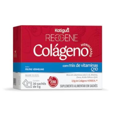 Imagem de Katiguá, Colágeno Hidrolisado 2,5 g, Solúvel Verisol, Com vitamina A, B, C e D, Biotina, Zinco, Ácido Fólico e Q10, Sabor frutas vermelhas, Zero açúcar, 30 Sachês, 5g