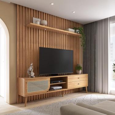 Imagem de Rack com Painel Ripado TB323L para TV Até 75 Polegadas 02 Gavetas 01 Porta com Led Freijó Dalla Costa