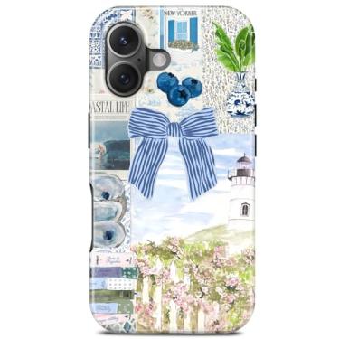Imagem de Linda capa de telefone com colagem de laço de fita para iPhone 16 Plus, compatível com Magsafe, estética moderna coquete cottagecore flor magnética fina à prova de choque capa protetora feminina