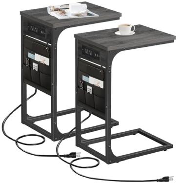 Imagem de TUTOTAK Mesa de canto em forma de C com estação de carregamento, mesa lateral para sofá, mesa de sofá com bolsa de armazenamento, conjunto de 2, bandeja de TV com 2 portas USB e saídas para sala de