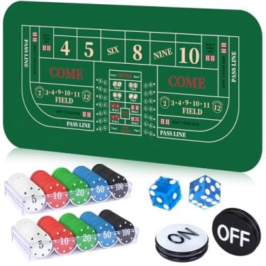 Imagem de Cheelyvin.H Conjunto de jogo de mesa Craps, inclui tapete de borracha de 89 cm x 178 cm, 2 peças de dados AAA de 19 mm de grau cassino, botões liga/desliga de 7 cm e 200 fichas de pôquer com estojo
