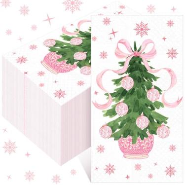 Imagem de Janlaugh 100 peças de guardanapos de plantas em vasos de Natal rosa toalhas de mão descartáveis de 3 camadas para banheiro guardanapos de papel decorativo para convidados toalhas de mão de papel para