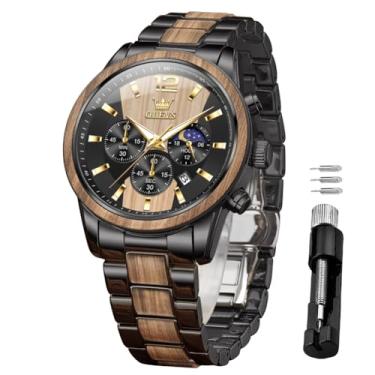 Imagem de OLEVS Relógio masculino de aço inoxidável com detalhes de madeira, mostrador multifuncional, luminoso, impermeável, casual, luxuoso, para negócios, Madeira - Preto-1