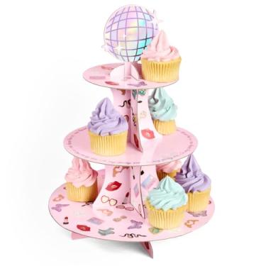 Imagem de xo, Fetti Eras Cupcake Tower, 3 níveis | Decorações de exibição de aniversário, decoração de bolo para meninas, mesa de sobremesa de despedida de solteira, expositor de comida rosa