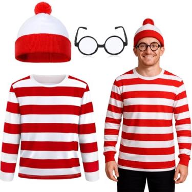 Imagem de Conjunto de 3 peças de camisa e chapéu listrado vermelho e branco para homens, fantasias de Halloween para adultos, cosplay com óculos, conjunto de terno (M)