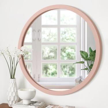 Imagem de JJUUYOU Espelho redondo de parede espelho circular vintage moldura de madeira espelhos montados para parede banheiro sala de estar quarto dormitório espelhos de banheiro, rosa
