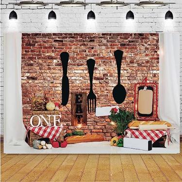 Imagem de Cenários de festa de 1º aniversário para crianças, chef, tijolos, parede, talheres, pão, bolo, decoração fotográfica, para crianças, meninos, meninas, aniversário, recém-nascidos, chá de bebê