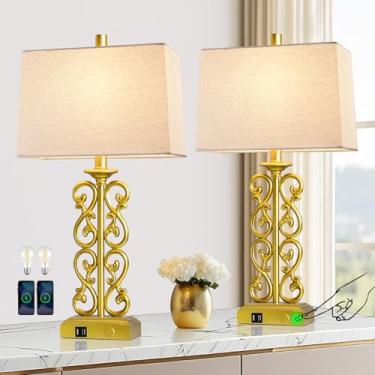 Imagem de AIEAMPDO Conjunto de 2 candeeiros de mesa modernos de resina de toque de 63,5 cm para sala de estar e quarto, regulável em 3 vias com duas portas USB, luminária vintage para casa e escritório, 2