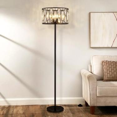 Imagem de Wellmet Luminária de chão de cristal preto para sala de estar, 4 luzes modernas de cristal, luminária de chão alta e elegante com interruptor de pé para escritório, sala de leitura, quarto, sala de