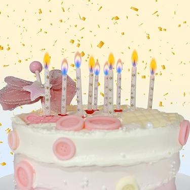 Imagem de Velas de aniversário, velas de bolo, velas de festa com chamas coloridas (10 peças por caixa, suportes incluídos)